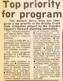 Work on paper - Newspaper cutting, Wonga Park: 7 Oct 1981 Ringwood Croydon Mail: "Top priority for program" re Proposed Brushy Creek Drainage Scheme
