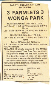 Work on paper - Newspaper cutting, Wonga Park: Date unknown, Paper unknown: Advertisement by MMBW for sale of 3 Farmlets no longer required for Yarra Brae Dam which did not proceed