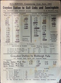Card - Wilson's Bus Service Timetable, Golf Course 1941