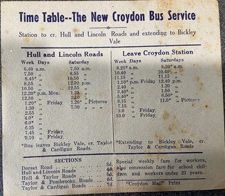 Card - Croydon Bus Service, Timetable Croydon to Cnr Hull and Lincoln Rds Reverse