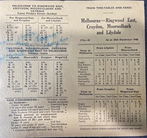 Card - Train Timetable, Melbourne to Lilydale 1948