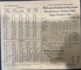 Card - Train Timetable, Melbourne to Upper Fern Tree Gully 1952