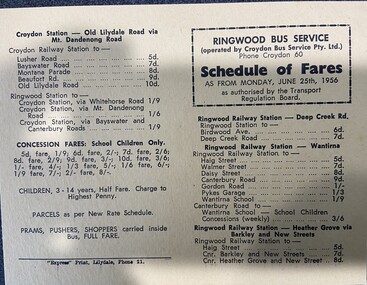 Card - Ringwood Bus Service, Schedule of Fares 1954