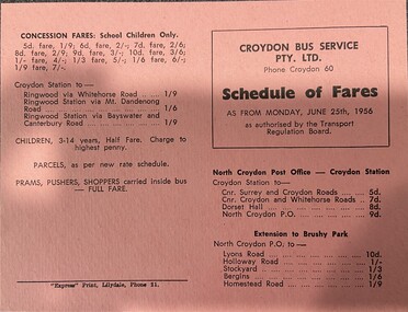 Card - Croydon Bus Service, Schedule of Fares 1956