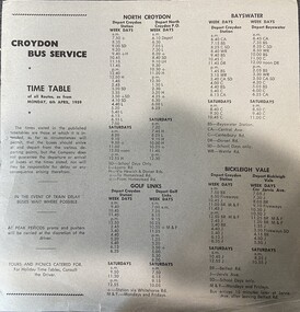 Card - Croydon Ringwood Bus Services, Timetable 1959