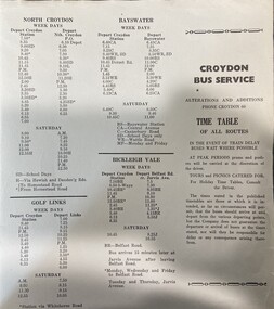 Card - Croydon Ringwood Bus Services, Timetable 1959