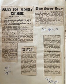 Newspaper - Newspaper cuttings "Post" 23/4, "Mail" 30/4 & "Express" 1/5, "Bus Stops Stay", "Buses for Elderly Citizens" & "Bus Service for Elderly"