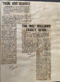 Newspaper - "Mail" 19 March 1964 2 newspaper cuttings, "Trial Bus Service" and "The 'Bill' Williams Family News