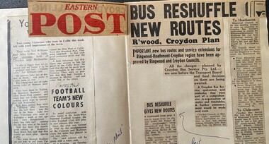 Newspaper - Newspaper cuttings Eastern Post 1964 "Bus Reshuffle New Routes - Ringwood Croydon Plan", "Bus Reshuffle New Routes - Ringwood Croydon Plan"