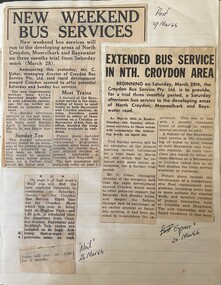Newspaper - March 1964, 3 newspaper cuttings "Post" 19/3/64, 20/3/64 "Express" and "Mail: 26/3/64, "New Weekend Bus Services", "Extended Bus Services in Nth. Croydon Area" and "no heading"