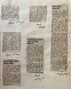 Newspaper - Newspaper cuttings 7-15 May 1964:, Mail 7/5/1964 no heading, Mail 14/5/1964 no heading, Mail 14/5/1964 no heading, Mail 14/5/1964 "Council Says No to Bus route", Mail 14/5/1964 "New Bus Routes" & Express 15/5/1964" Station Bus Shelters