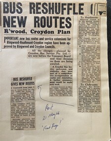 Newspaper - Newspaper cutting, Post 21/5/1964 "Bus Reshuffle New Routes R'Wood, Croydon Plan"