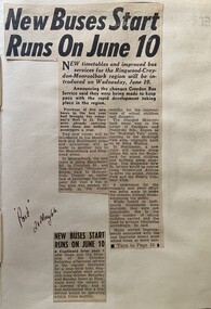 Newspaper - Newspaper cutting, Post 28/5/1964 "New Buses Start Runs on June 10"