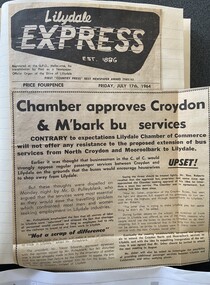 Newspaper - Newspaper cutting, Lilydale Express 17/7/1964 "Chamber approves Croydon & M'bark bus services"