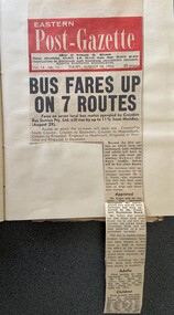 Newspaper - Newspaper cutting, Eastern Post Gazette 18/8/1966 "Bus Fares Up on 7 Routes"