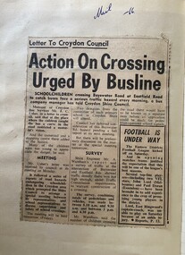 Newspaper - Newspaper cutting, Mail 1966 "Action On Crossing Urged By Busline"