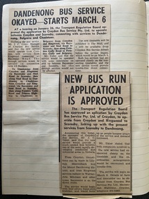 Newspaper - Newspaper cutting, Jan 1967 "Dandenong Bus Service Okayed - Starts March 6" & "New Bus Run Application is Approved"