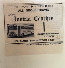 Newspaper - Newspaper cutting, Lilydale Express 7 Aug "Invicta Coaches" advertisement