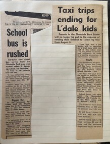 Newspaper - Newspaper cutting, 7/8/1968 "School Bus is Rushed" & "Taxi trips ending for Lilydale kids"