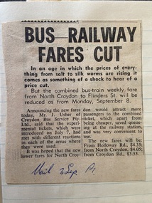 Newspaper - Newspaper cutting, Mail 3 Sep "Bus - Railway Fares Cut"