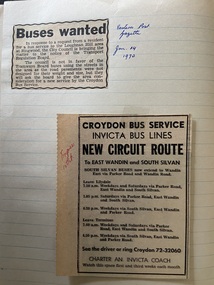Newspaper - Newspaper cutting, Eastern Post Gazette 14/1/1970 "Buses Wanted" & Express 15/10 "New Circuit Route to East Wandin & South Silvan"
