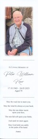 Document - Funeral Order of Service, of Peter William Kear born17/10/1943, died 24/5/2021