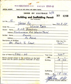 Document - Building and Scaffolding Permit, issued 22/3/1968 for the extension to Beagley's shop in Wonga Park