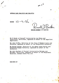 Document - Appeal dated 10/9/1986, re the rebuilding and enlarging the 1957 shop on the north-east corner of Jumping Creek and Dudley roads Wonga Park
