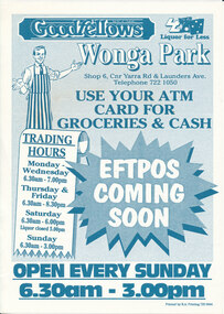 Flyer - Wonga Park Goodfellows advertising sheet, advising “EFTPOS Coming Soon”