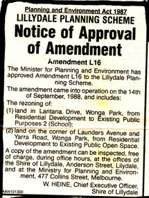 Newspaper - From page 50 of Lillydale & Yarra Valley Express, Tuesday, October 11, 1988, “Notice of Approval of Amendment” L16