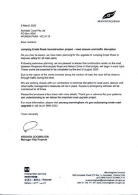 Letter - Letter dated 5/3/2020 from Manningham City Council and enclosed information sheets, advising of the proposed reconstruction of Jumping Creek Road between Ringwood-Warrandyte Road and Nelson Drive