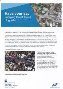Flyer - A 2018 City of Manningham information sheet, on “Have Your Say” on the Stage 3 Jumping Creek Road Upgrade intersections