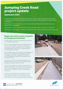 Flyer - Sep 2020 Flyer from Manningham City Council, advising that the proposed reconstruction of Jumping Creek Road between Ringwood-Warrandyte Road and Nelson Drive is nearing completion