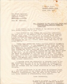Letter - dated 22/7/1985 to Shire of Lillydale from the Upton family, requesting that the reserve on what was Upton land be named the A.J. Upton Reserve or alternatively Upton Reserve