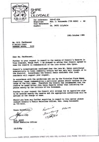 Letter - Letter dated 18/10/1985 from the Shire of Lillydale to Margaret Fankhauser, agreeing to name the reserve on Upton land the Arthur John Upton Reserve