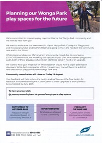 Flyer - 2020 Information sheet from Manningham City Council, “Planning our Wonga Park play spaces for the future"