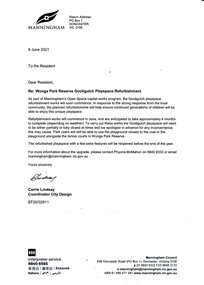 Letter - Letter dated 9/6/2021 from Manningham City Council to The Resident, advising that the Gooligulch playspace refurbishment works will soon commence
