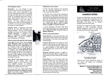 Flyer - A 2 page information sheet, “Naming Rites” produced by the Warrandyte Historical Society on the naming of streets in Warrandyte
