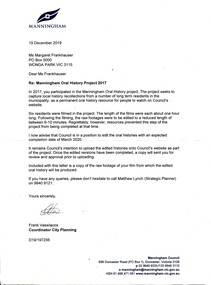 Letter - dated 19 December 2019 from Manningham City Council to Ms Fankhauser of Wonga Park, re the 2017 Oral History Project