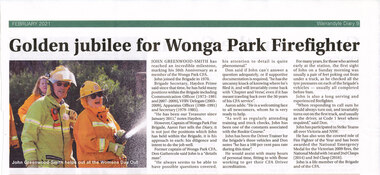 Newspaper - A newspaper cutting from Warrandyte Diary February 2021, “Golden Jubilee for Wonga Park Firefighter” – John Greenwood-Smith