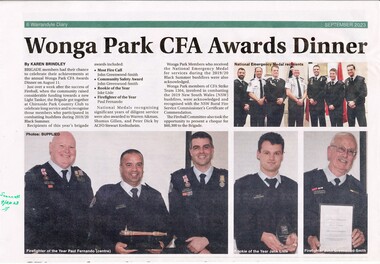 Newspaper - A newspaper cutting from Warrandyte Diary September 2023 Page 6, “Wonga Park CFA Awards Dinner”