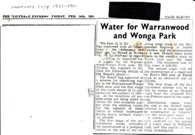 Newspaper - Newspaper article  from Centenary copy of 1861-1961 of Lilydale Express, Friday Feb 24th, 1961, “Water for Warranwood and Wonga Park”