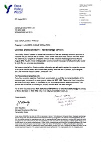 Letter - dated 20 August 2013 from Yarra Valley Water to Ashdale Crest Pty Ltd, advising that sewerage is now available for connection to 6 Launders Avenue Wonga Park