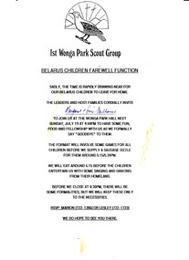 Flyer - An invitation from the 1st Wonga Park Scout Group, to the Belarus Children Farewell Function to be held on Sunday 19/7/1992 at the Wonga Park Hall