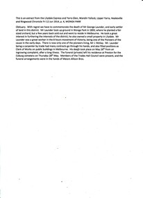 Newspaper - A typewritten extract from the Lilydale Express and Yarra Glen, Wandin Yallock, Upper Yarra, Healesville and Ringwood Chronicle, Friday 12 June 1914 P. 4, “WONGA PARK” An obituary of George Launder who died 26 May 1914