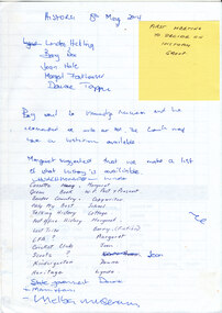Administrative record - Handwritten notes, taken at the first meeting of the Wonga Park Community Cottage History Group