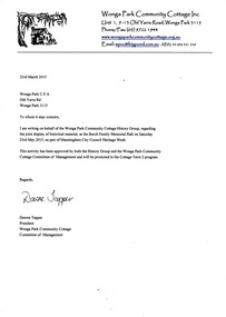 Letter - A letter dated 23/3/2015 from the Wonga Park Community Cottage to the Wonga Park Fire Brigade, re a joint display of historical material at the Burch Family Memorial Hall on Saturday 23/5/2015 as part of the Manningham city Council Heritage Week