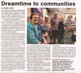 Newspaper - Newspaper cutting from Warrandyte Diary March 2023 p. 12, “Dreamtime to Communities” Book launch of A History of Wonga Park and Surrounds – Dreamtime to Communities”
