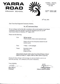 Flyer - Amended Invitation to, Yarra Road Primary School No. 4219 80th Anniversary 1925-2005 Anniversary Dinner