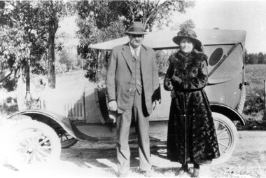 Photograph - Samuel and Louise (nee Groux) Beavis, with T Model Ford. Taken on driveway Looking south towards Plymouth Road